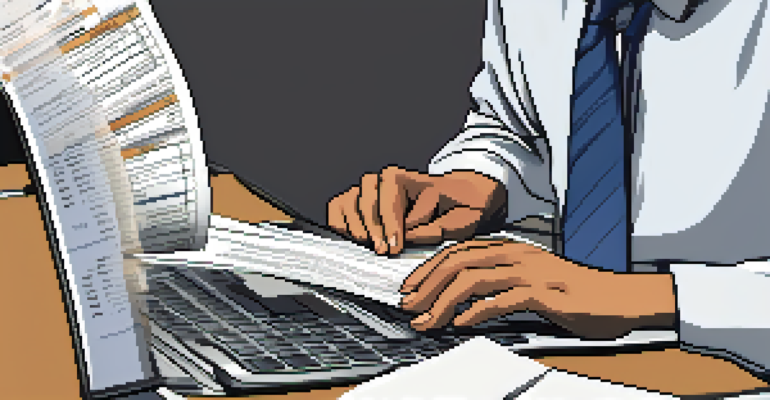 Close-up of hands typing on a laptop, with a tax form visible on the screen and receipts next to the laptop, emphasizing tax preparation.