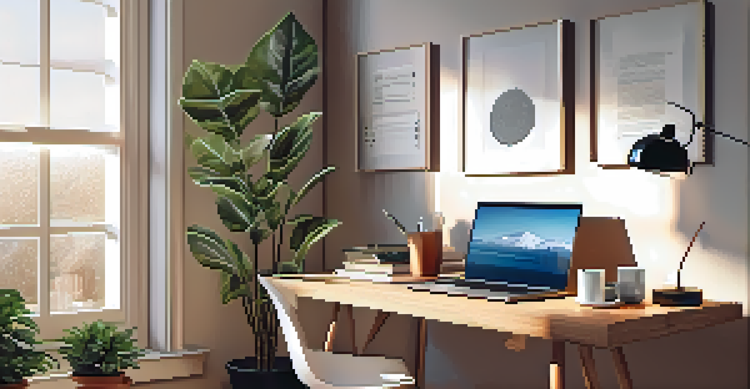 A well-organized home office with a laptop, plant, and coffee, bathed in soft natural light.