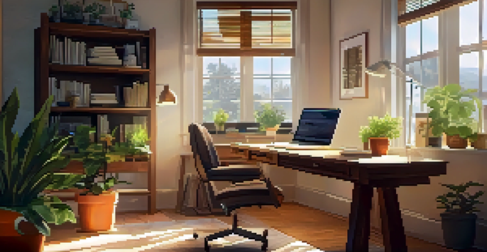 A well-organized home office with a wooden desk, laptop, and plants, illuminated by sunlight from the window.