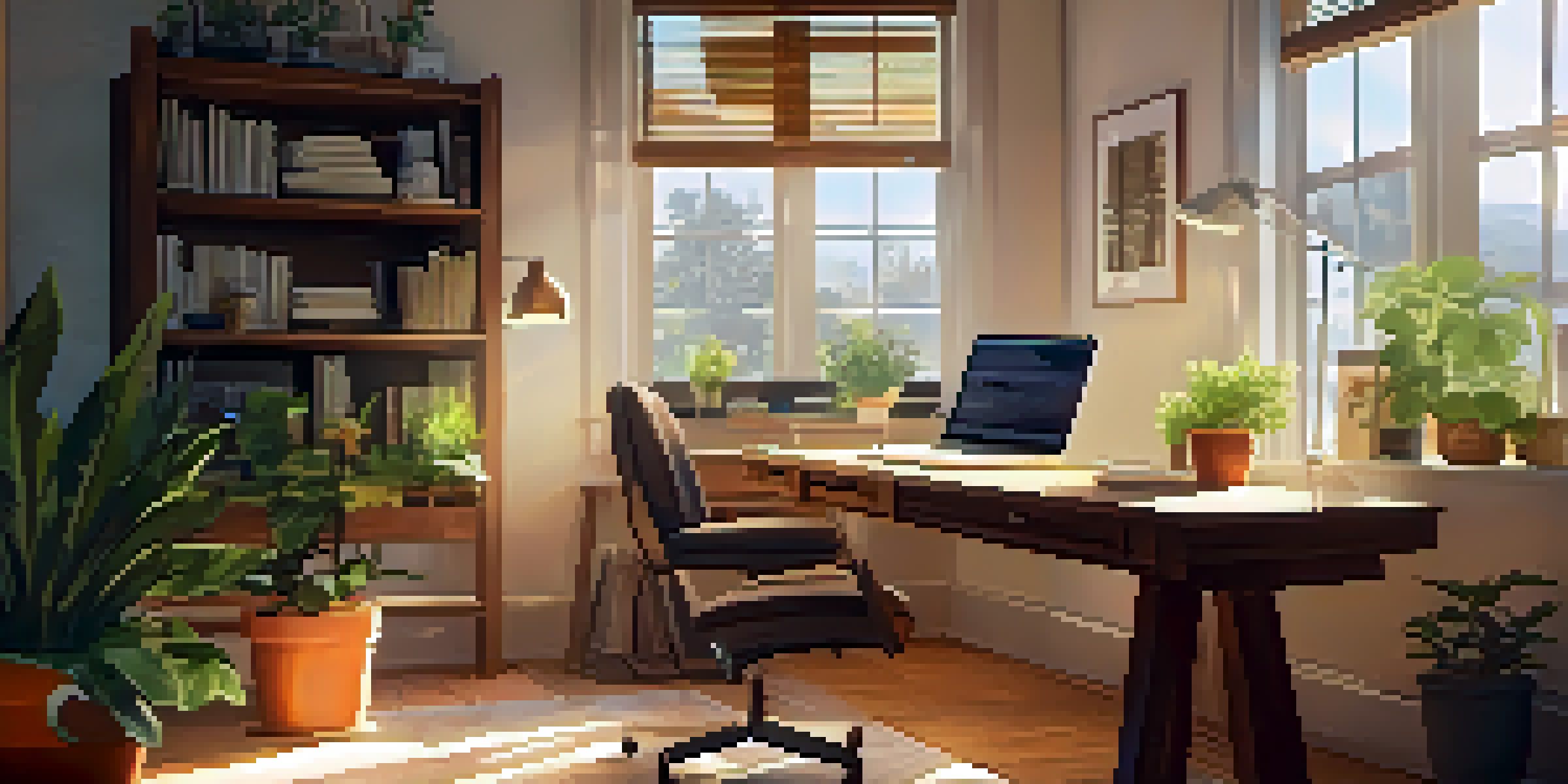 A well-organized home office with a wooden desk, laptop, and plants, illuminated by sunlight from the window.