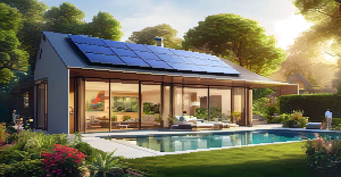 A modern house featuring energy-efficient windows and solar panels, with a family enjoying their garden under warm sunlight.