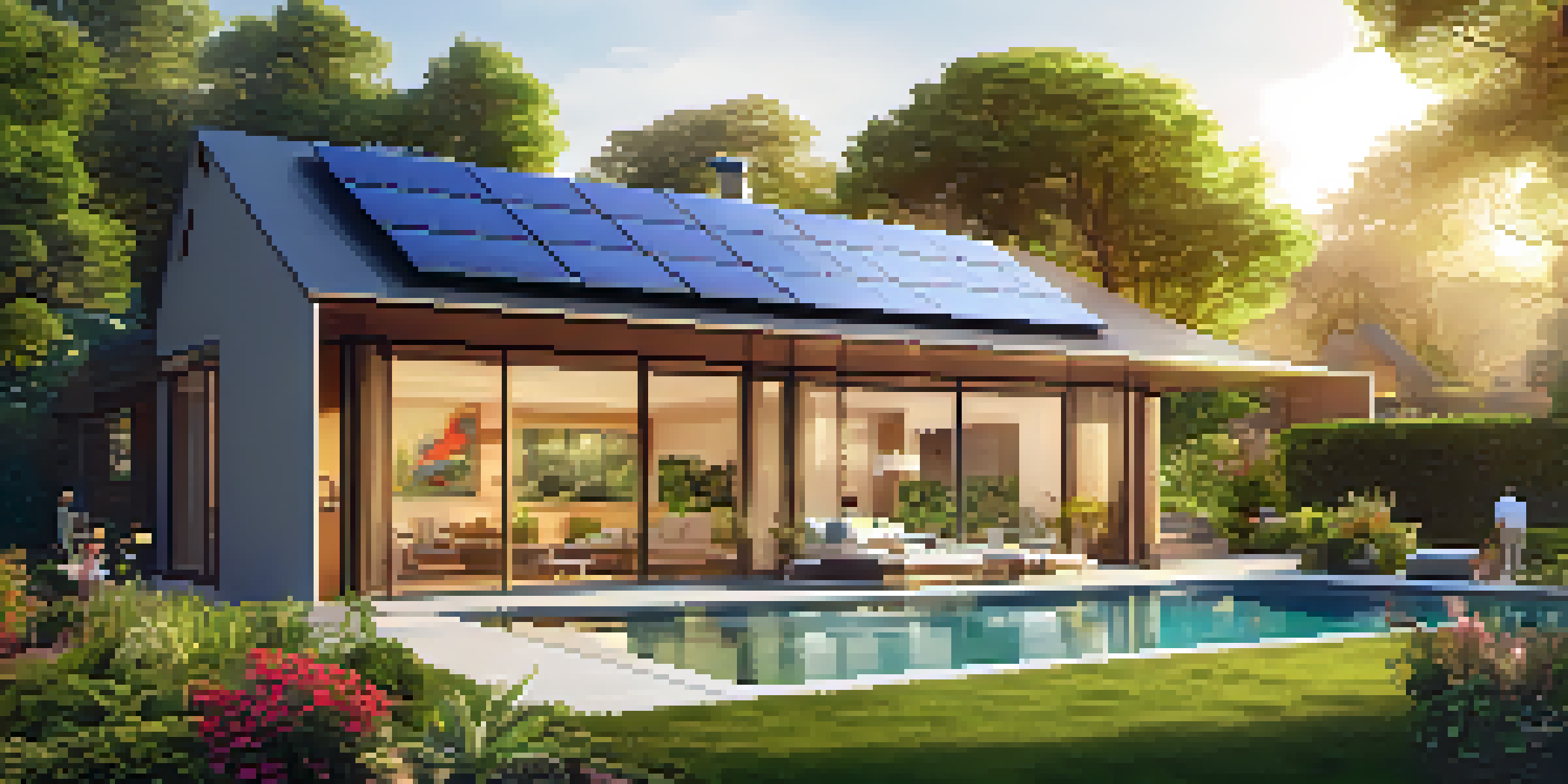 A modern house featuring energy-efficient windows and solar panels, with a family enjoying their garden under warm sunlight.