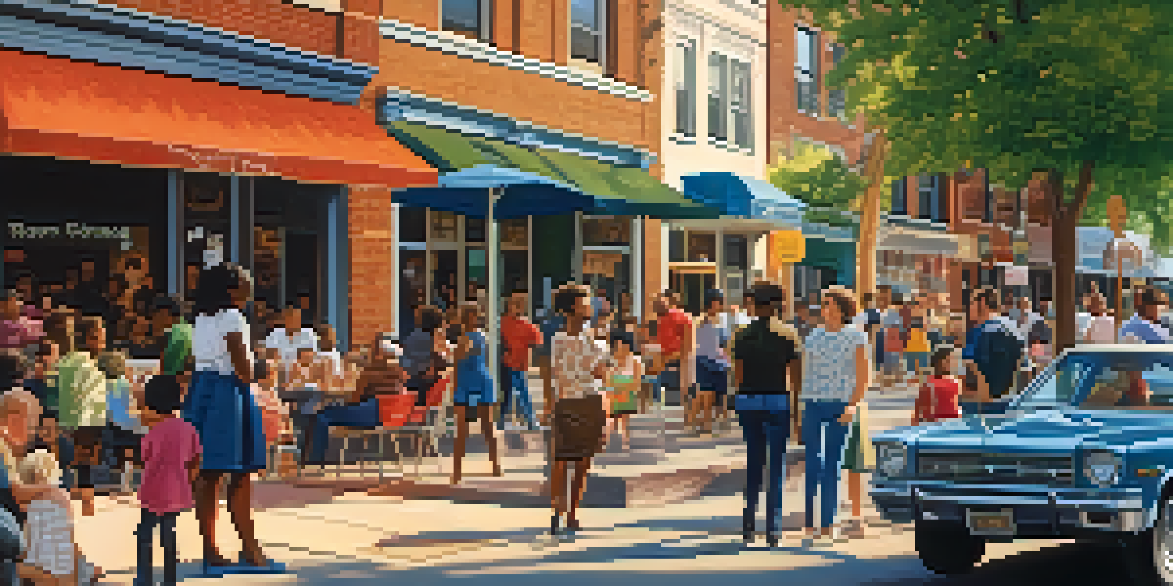 A lively city street in Illinois with residents engaging in discussions and children playing in a park under sunlight.