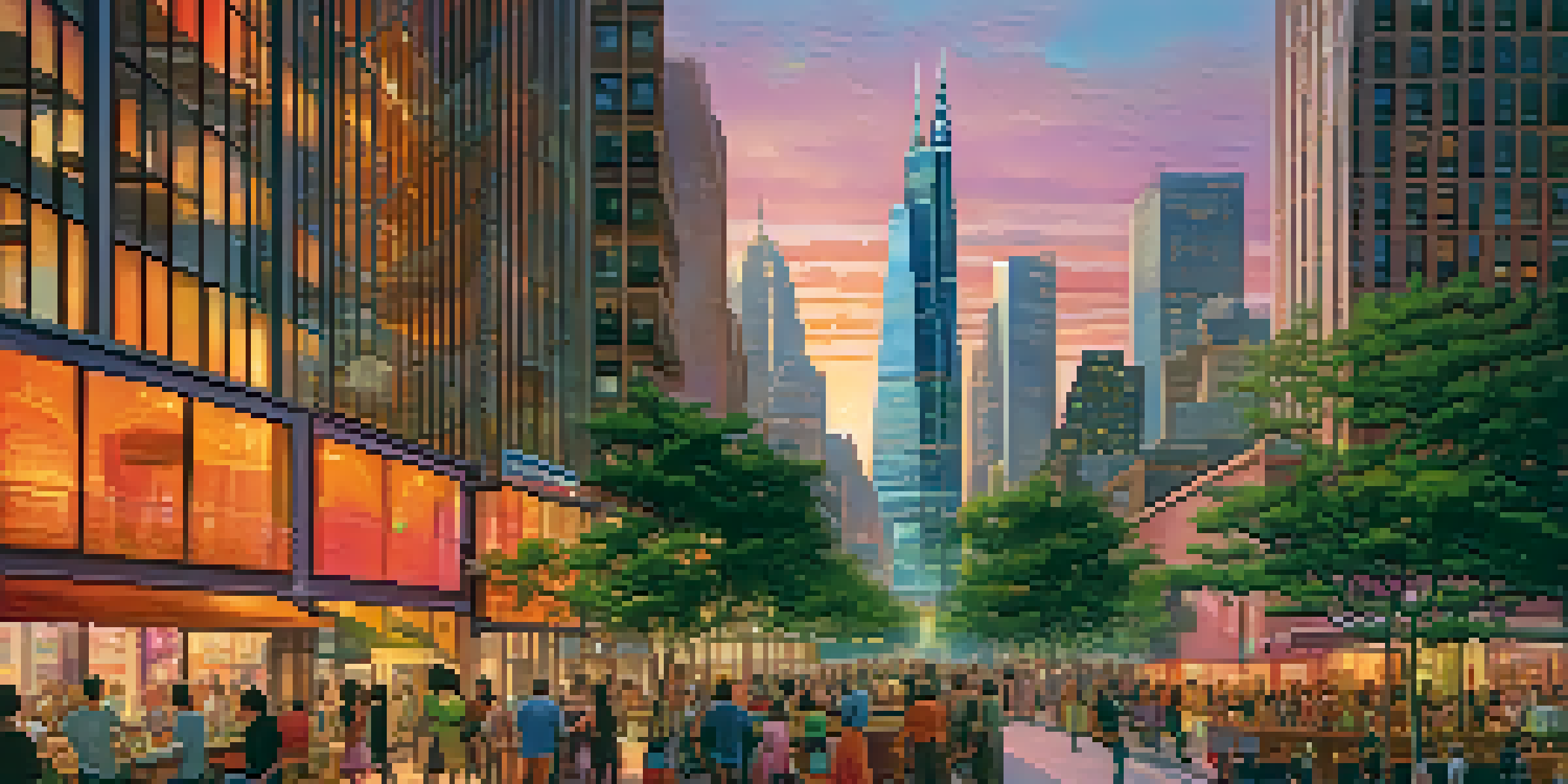 A colorful city skyline during sunset with tall buildings and people in the foreground.