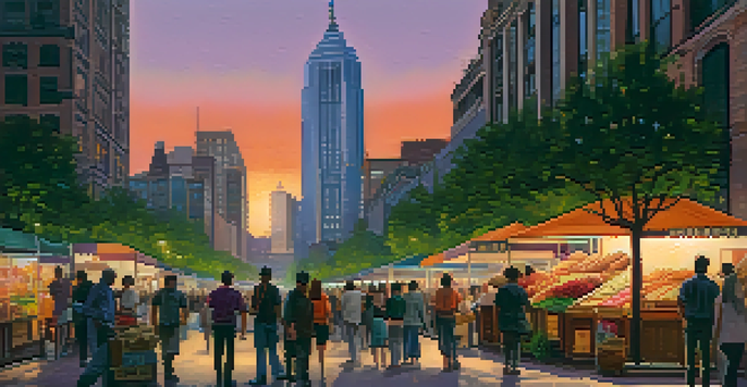 A colorful city skyline at sunset with modern skyscrapers and historic buildings, and people walking on the street below.
