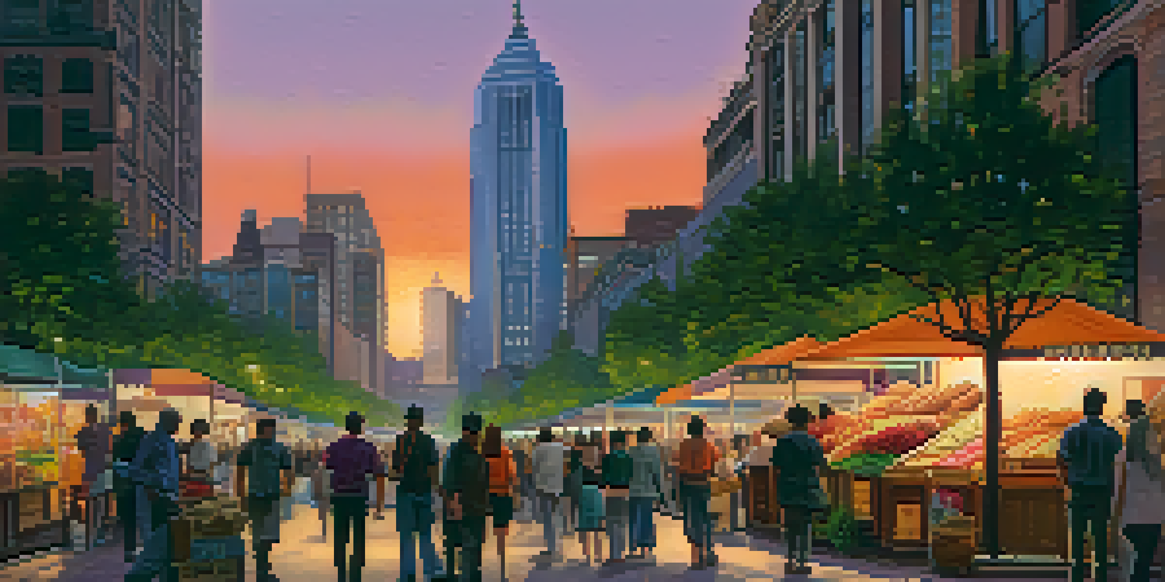 A colorful city skyline at sunset with modern skyscrapers and historic buildings, and people walking on the street below.