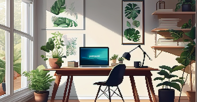 A cozy home office with a wooden desk, laptop, plants, and a window letting in natural light.
