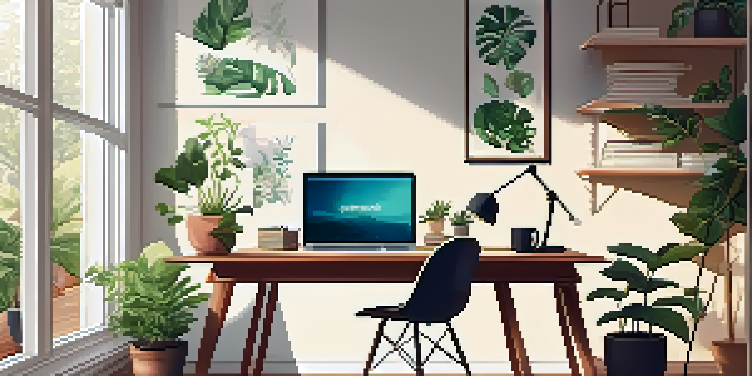 A cozy home office with a wooden desk, laptop, plants, and a window letting in natural light.
