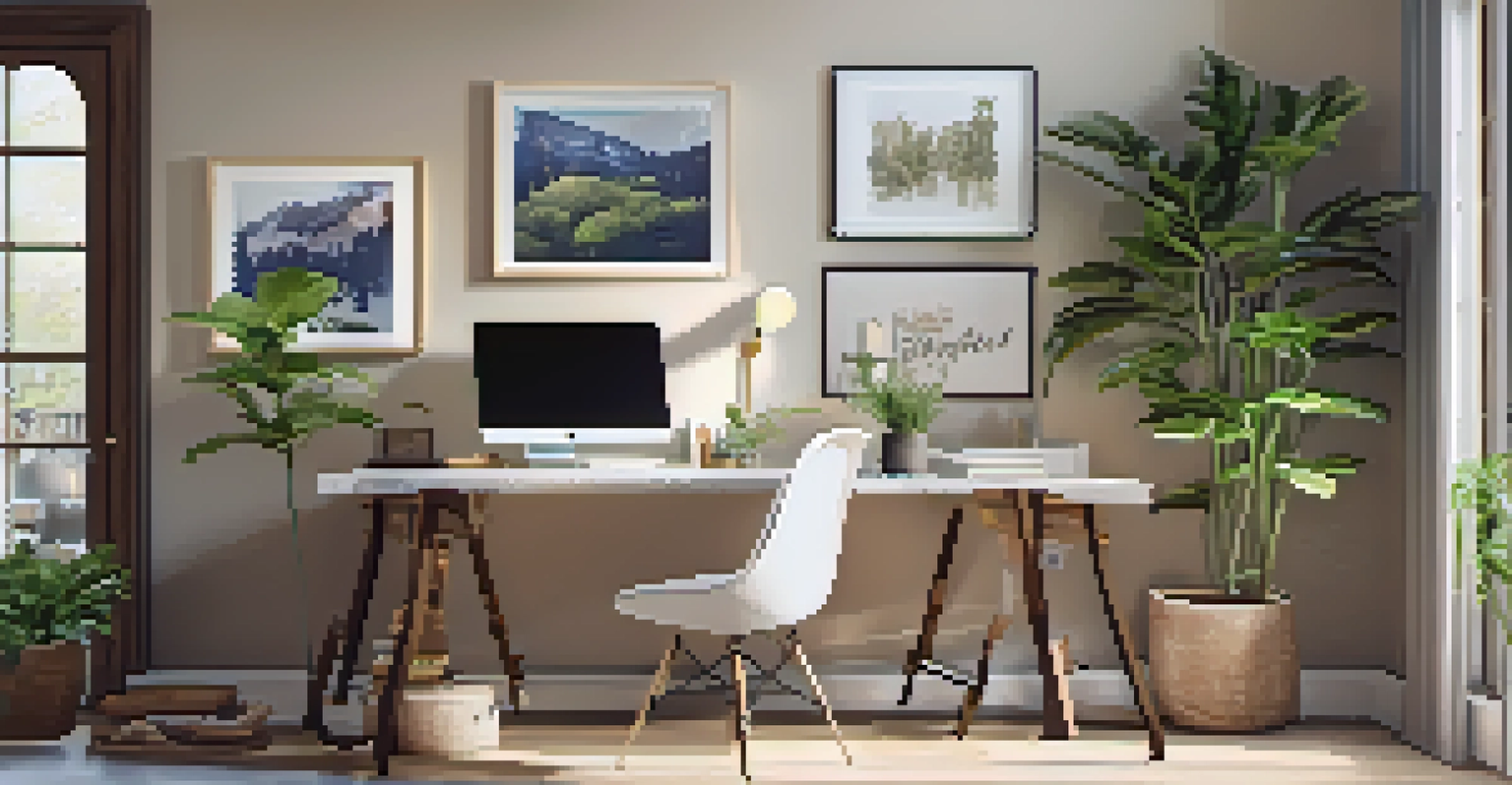 A well-organized home office corner with a stylish desk, a laptop, and framed art on the wall, illuminated by natural light from a window.