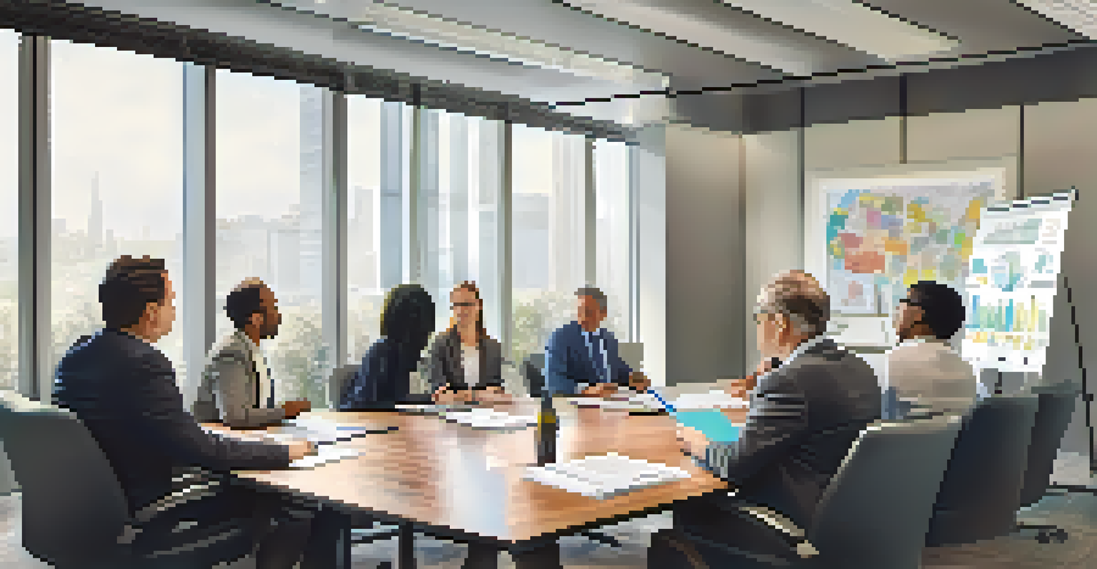 A diverse team of professionals discussing estate planning in a modern conference room with charts on a whiteboard.
