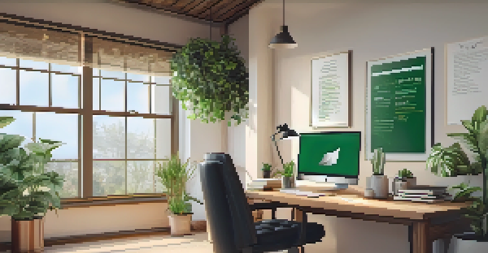 A home office with a wooden desk, an open laptop, a coffee mug, and natural light coming through a window, decorated with motivational posters and plants.
