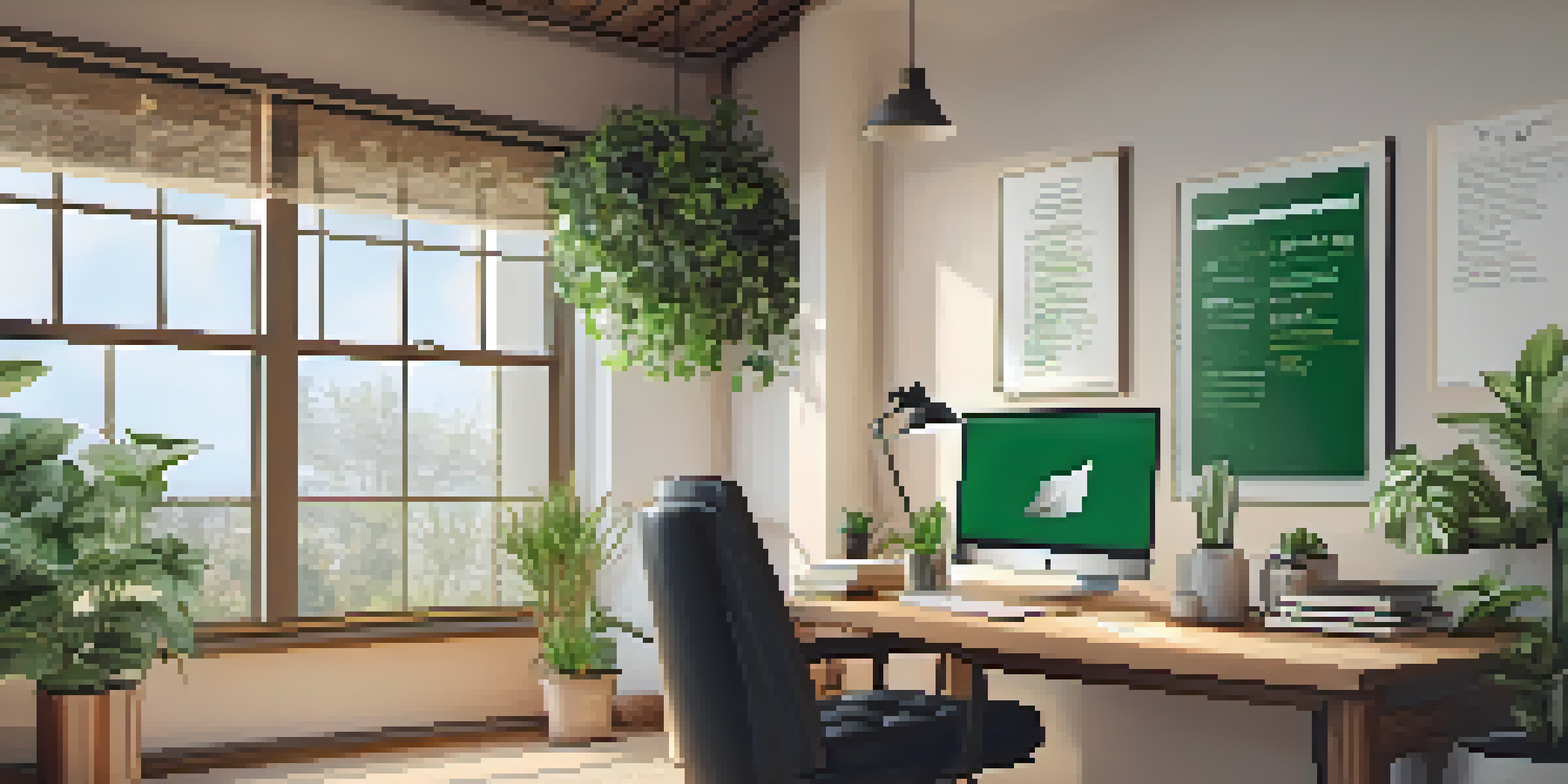 A home office with a wooden desk, an open laptop, a coffee mug, and natural light coming through a window, decorated with motivational posters and plants.