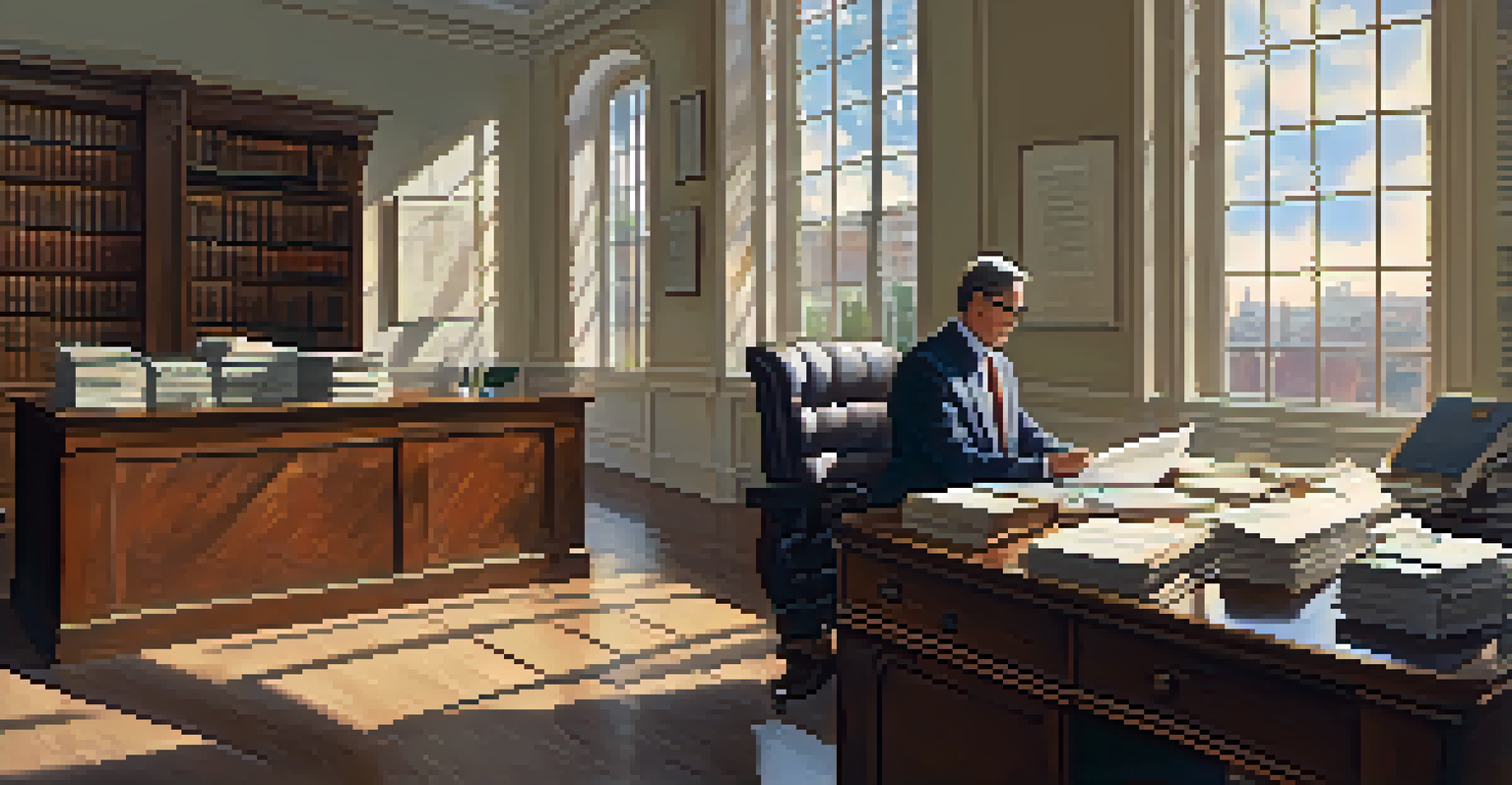 A government official in an office reviewing financial reports on taxation and economic growth.