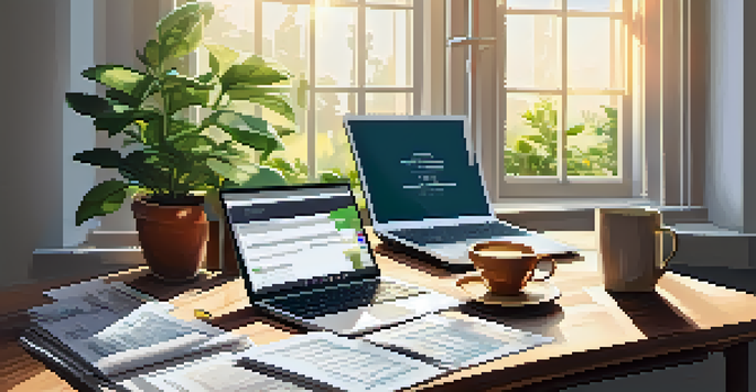 A cozy and organized workspace with a laptop, cup of tea, and tax documents, illuminated by sunlight.