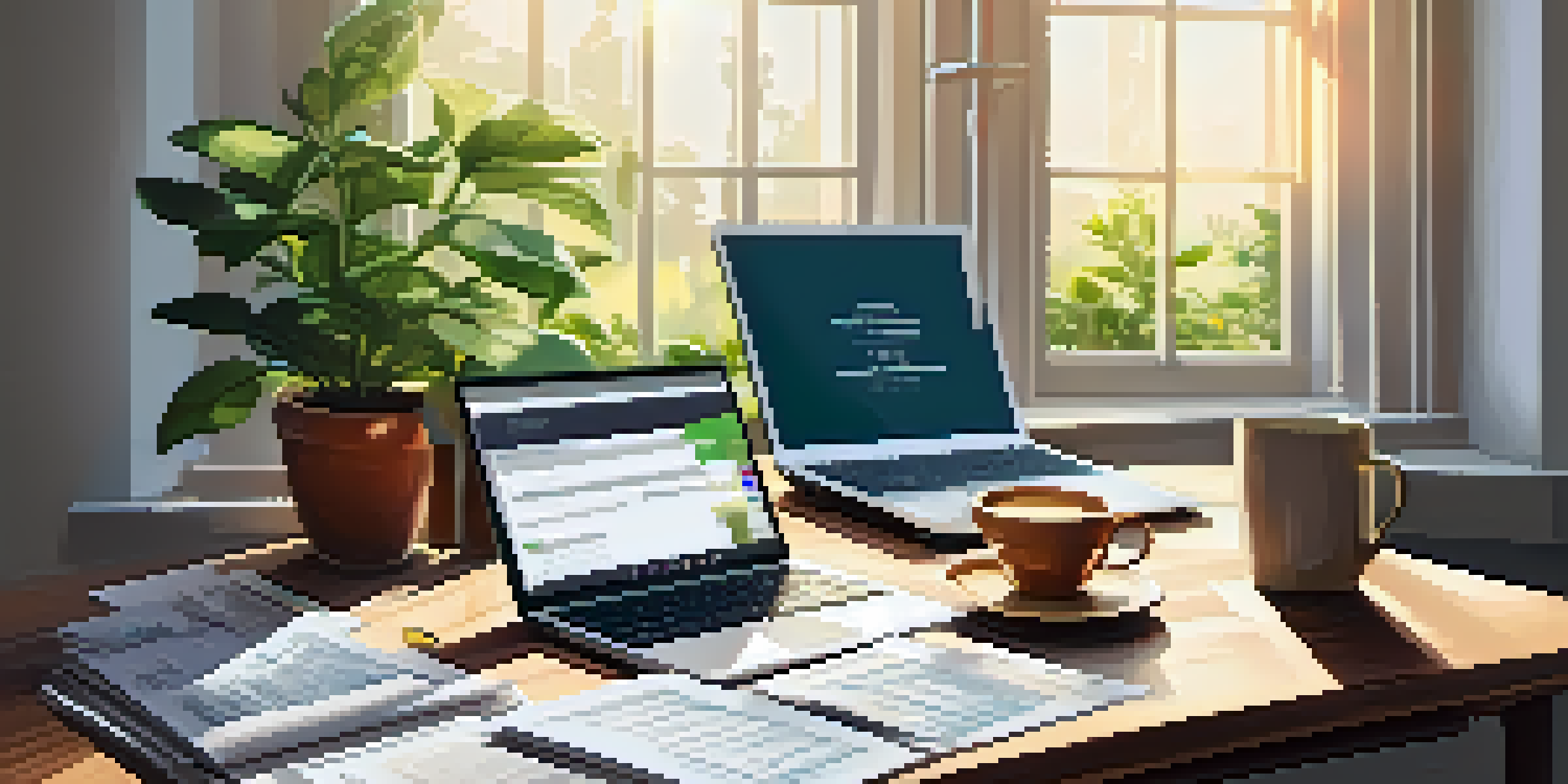 A cozy and organized workspace with a laptop, cup of tea, and tax documents, illuminated by sunlight.