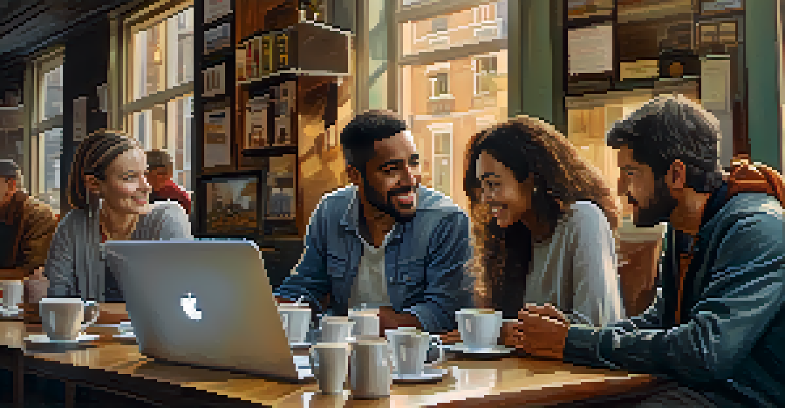 A group of expatriates in a café, engaged in conversation about finances, with coffee and laptops on the table in a warm atmosphere.