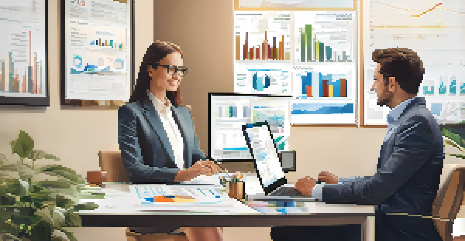 A tax advisor discussing deductions with a client at a modern office table, with charts and graphs in the background, creating a professional atmosphere.
