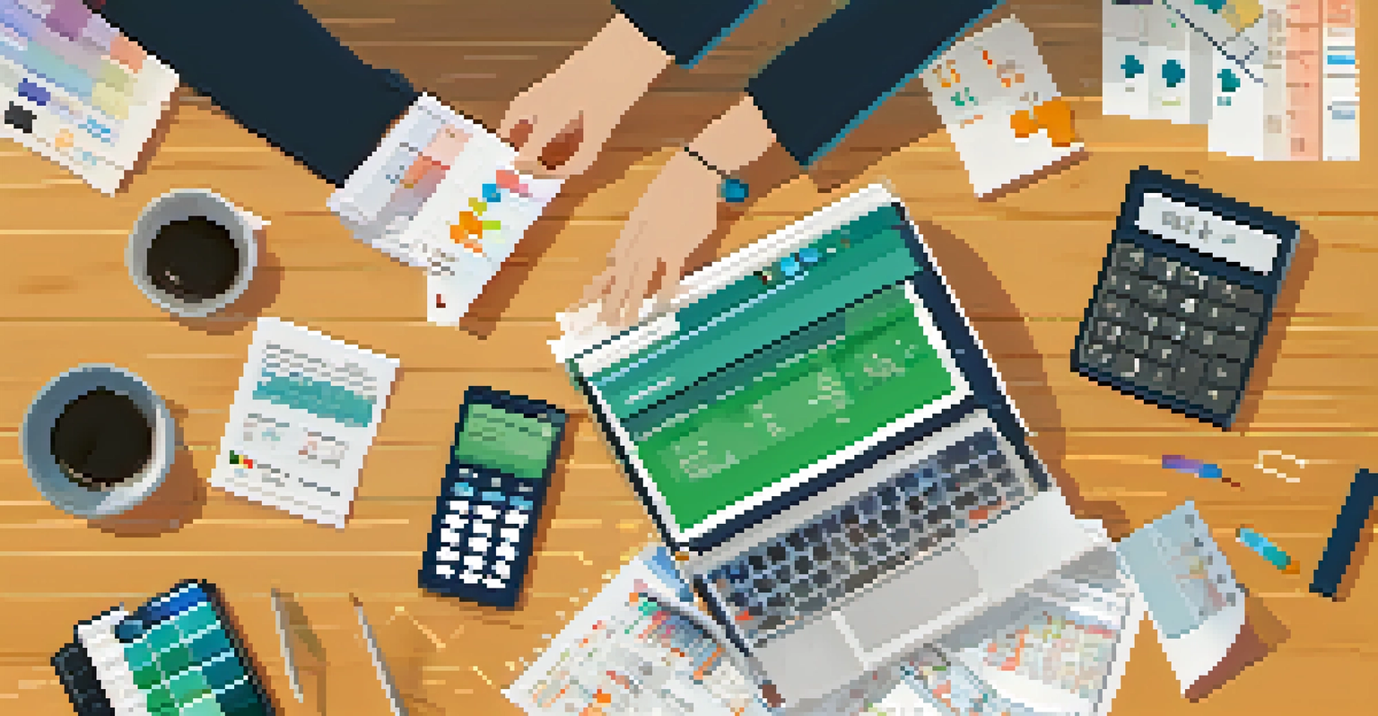 An overhead shot of hands typing on a laptop surrounded by receipts and a calculator, with budgeting graphs on the screen.