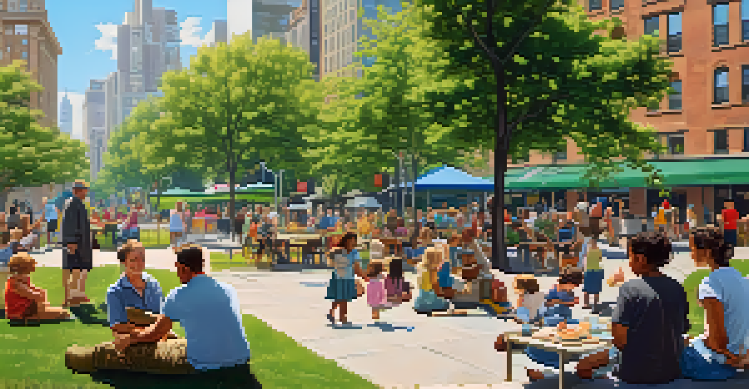 A lively urban park with people enjoying activities on a sunny day, surrounded by tall buildings and greenery.