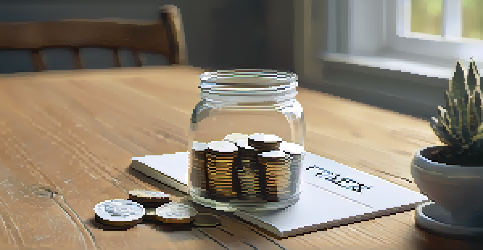 A close-up of coins being placed into a jar labeled 'Taxes', with a small plant and notebook in the background.