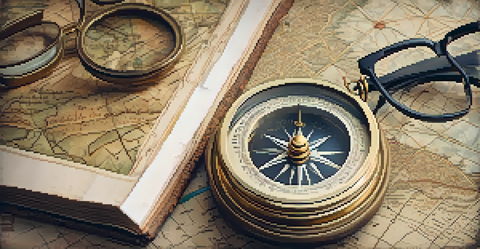A vintage compass on an old map with reading glasses and a travel journal, illuminated by soft light.