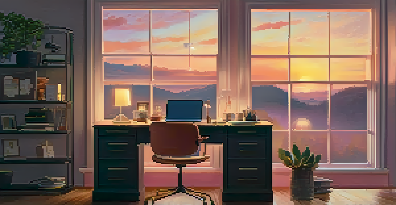 A cozy home office at dusk, featuring a laptop, a cup of coffee, and a sunset view through the window.