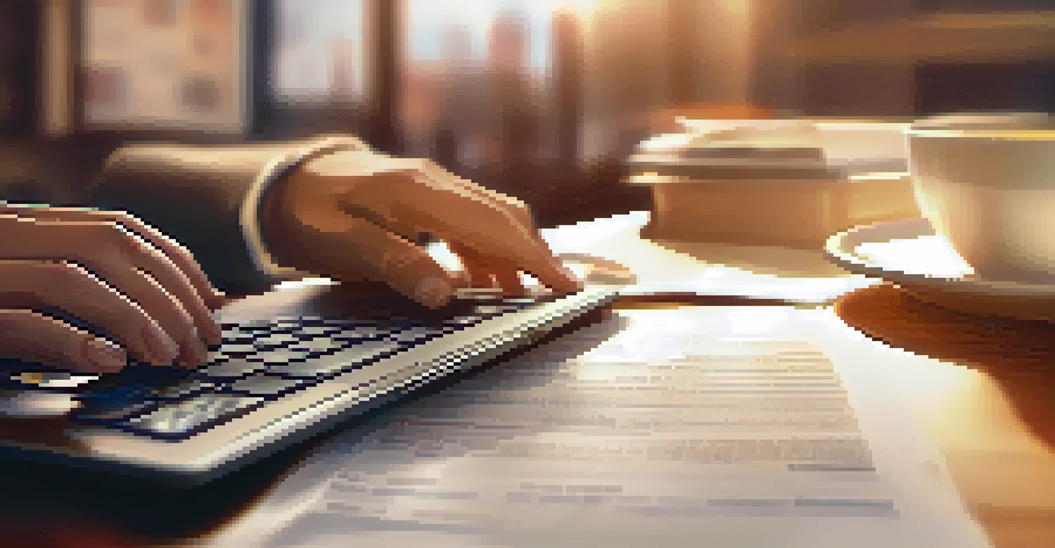 Close-up of hands typing on a laptop with tax documents and a cup of tea in the background, all illuminated by warm lighting.
