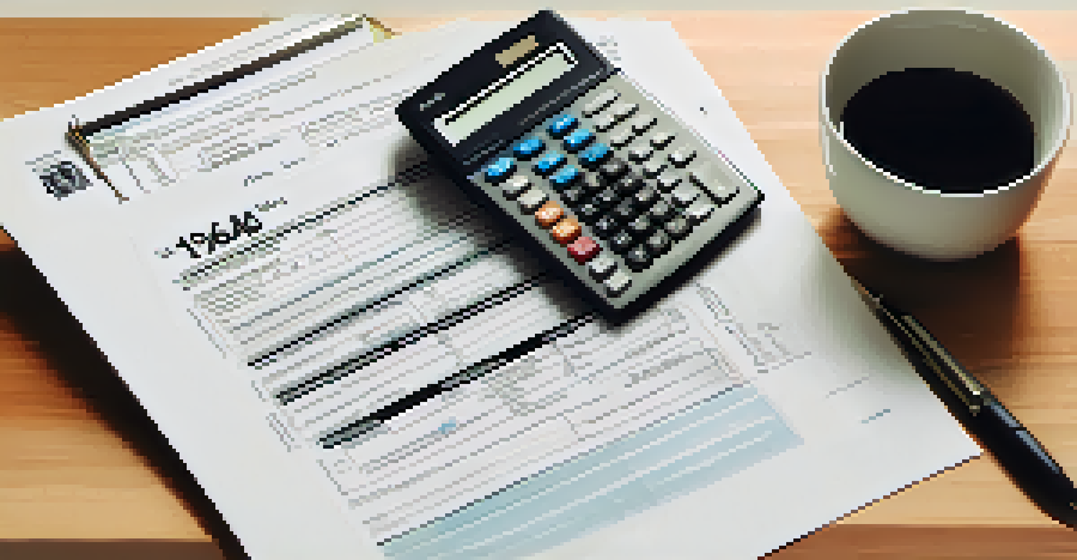 An organized workspace with a stack of tax documents, IRS Form 4868, a calculator, and a pen on a marble countertop, with a blurred background.