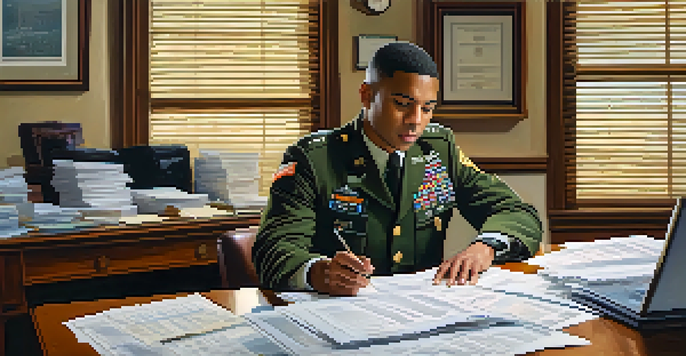 A military service member at a desk reviewing tax documents with a laptop, illuminated by a desk lamp, and a family photo in the background.