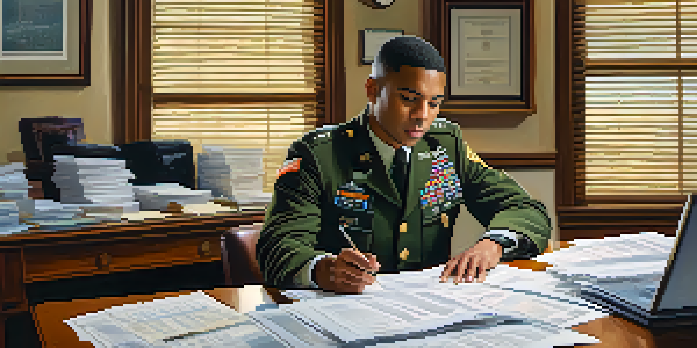 A military service member at a desk reviewing tax documents with a laptop, illuminated by a desk lamp, and a family photo in the background.