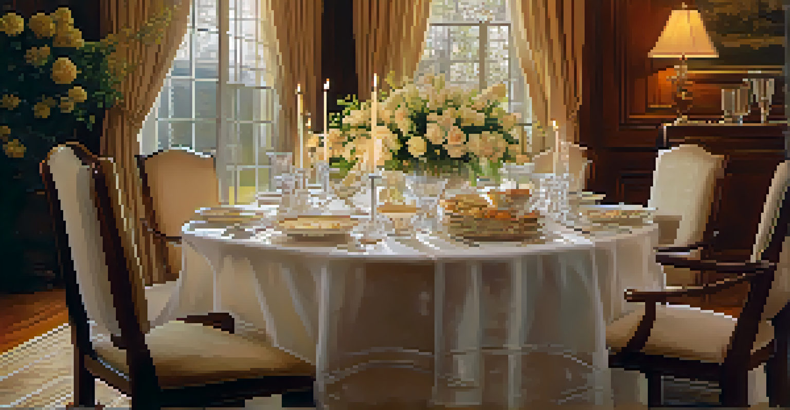 A beautifully set dining table with fine china and candlelight, creating an elegant atmosphere.