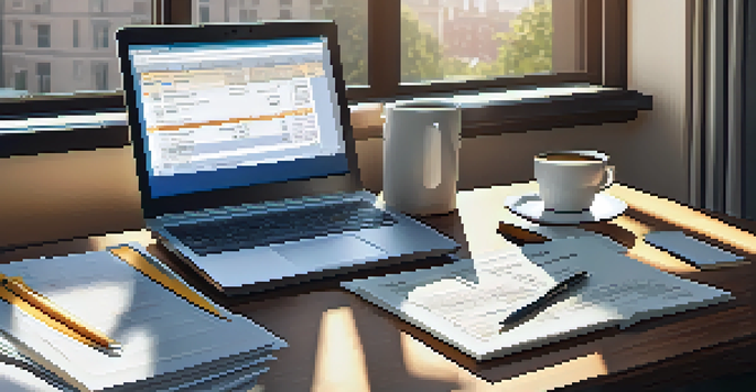 A well-organized desk with a laptop, tax documents, a calculator, and a cup of coffee, illuminated by soft morning light.