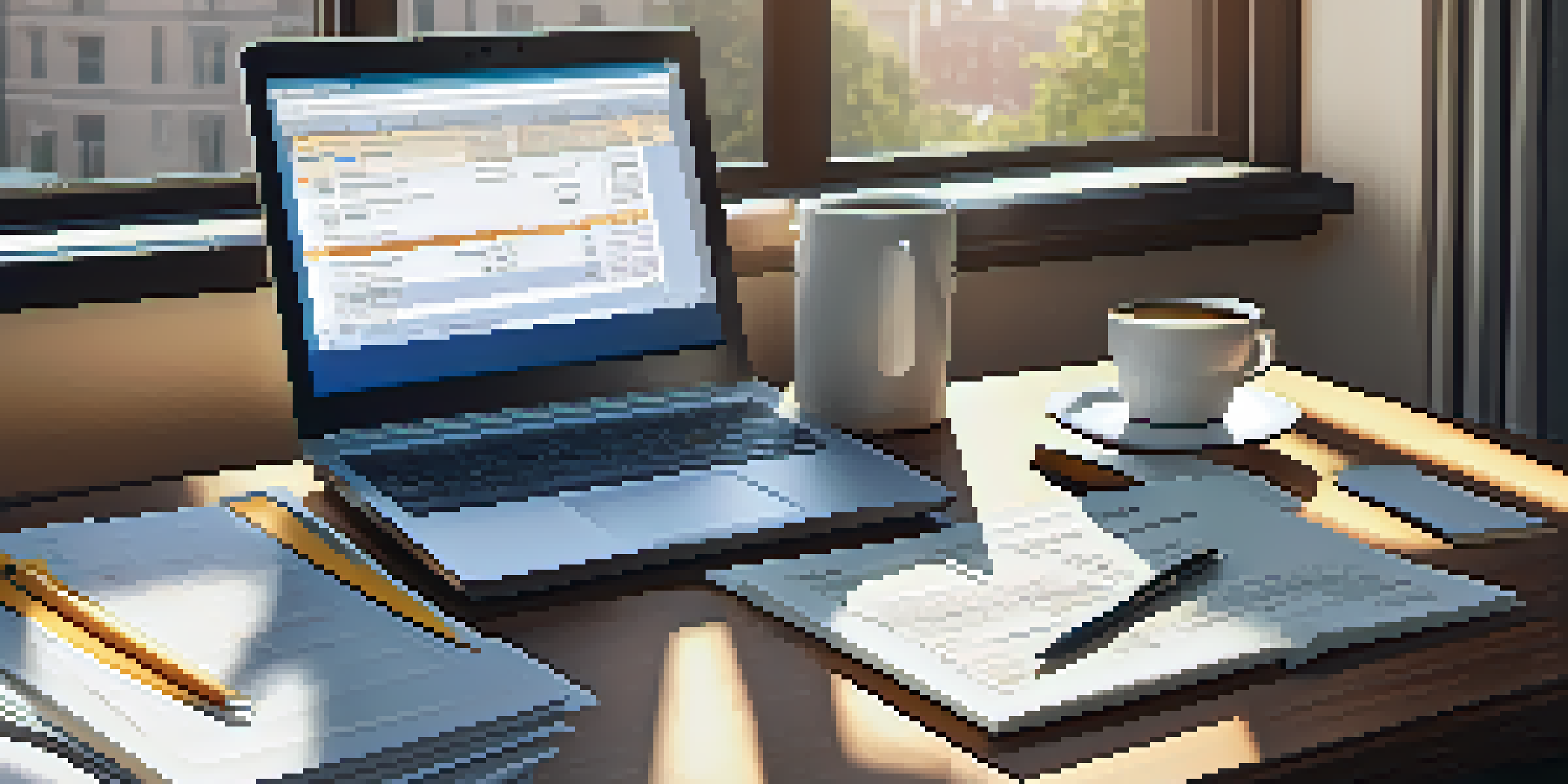 A well-organized desk with a laptop, tax documents, a calculator, and a cup of coffee, illuminated by soft morning light.