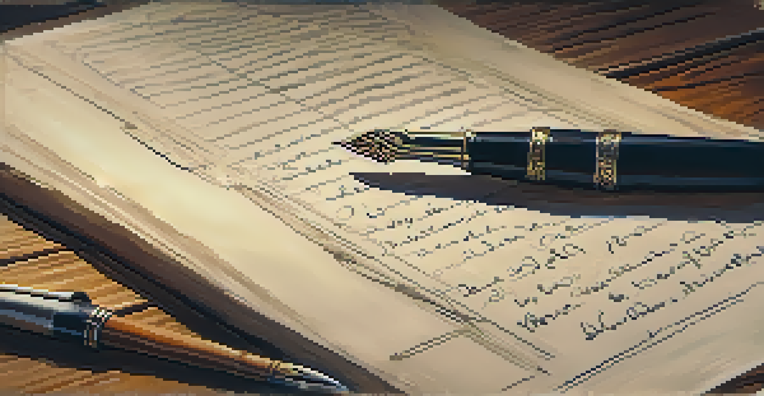 A close-up of a hand with a fountain pen over handwritten notes on a wooden desk.
