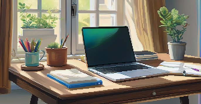A neatly arranged study desk with a laptop, textbooks, and colorful stationery under natural light.