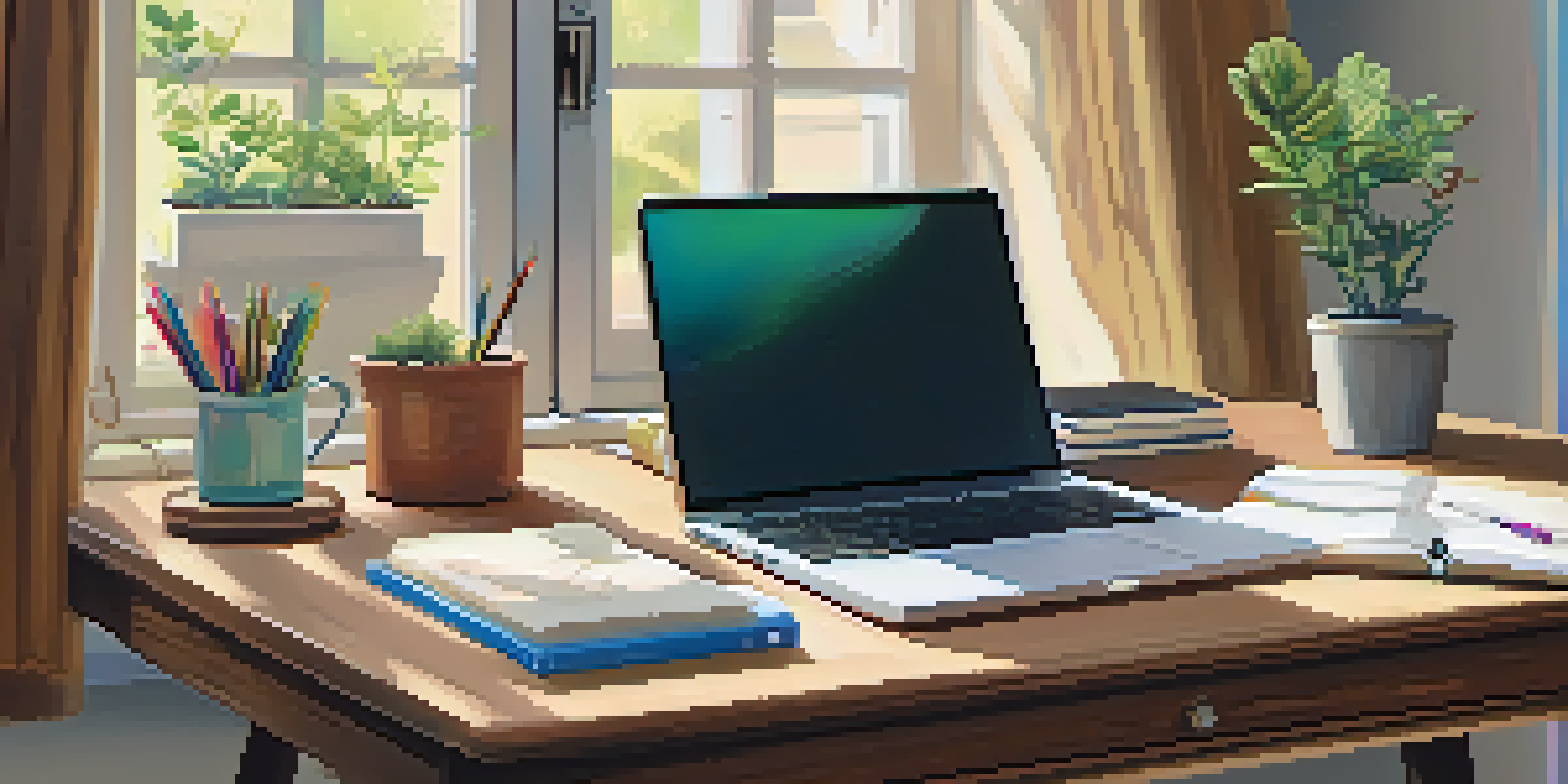 A neatly arranged study desk with a laptop, textbooks, and colorful stationery under natural light.