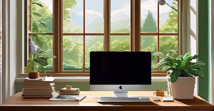 A well-organized home office with a wooden desk, laptop, and potted plant, illuminated by natural light from a large window.