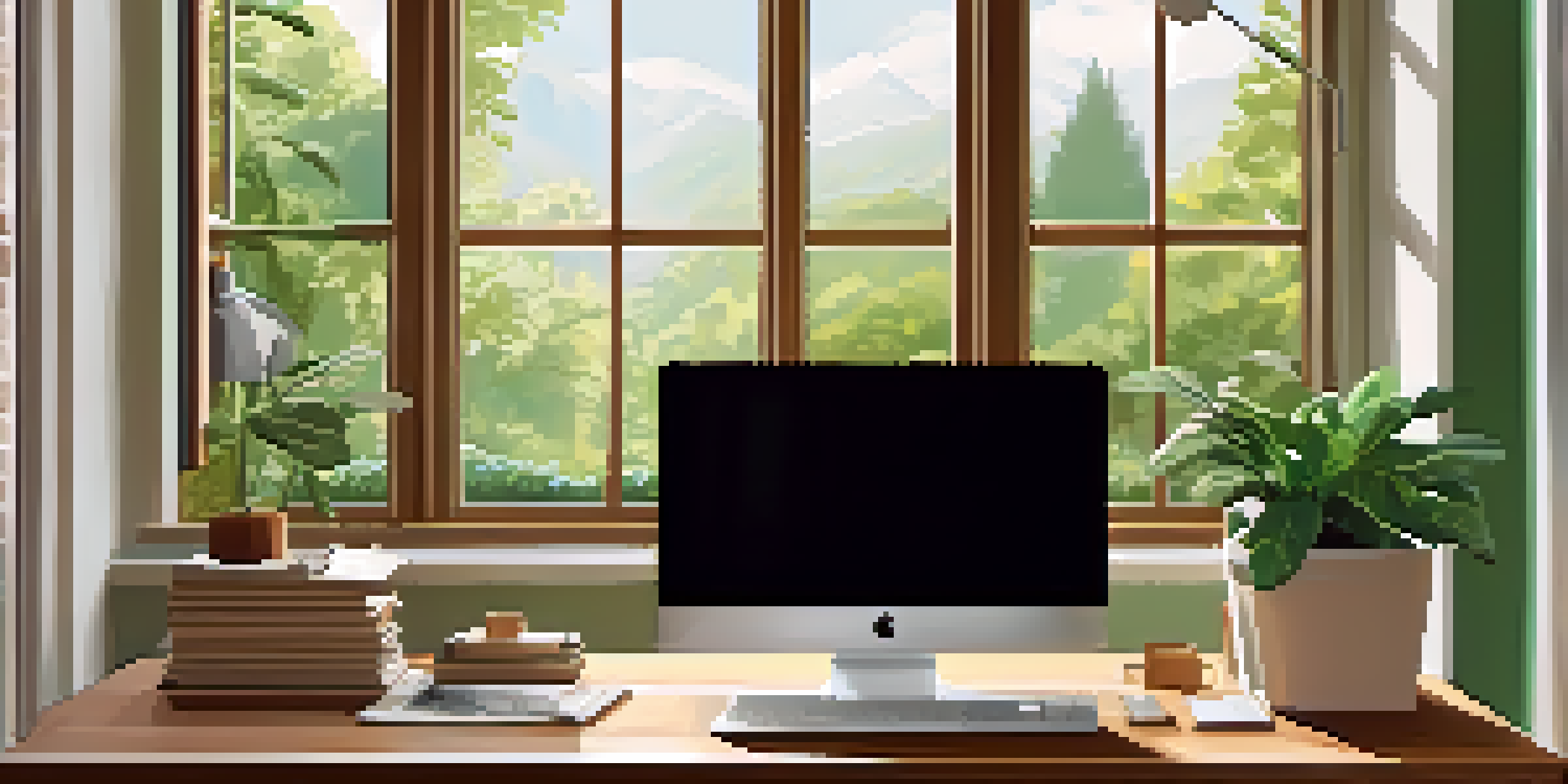 A well-organized home office with a wooden desk, laptop, and potted plant, illuminated by natural light from a large window.