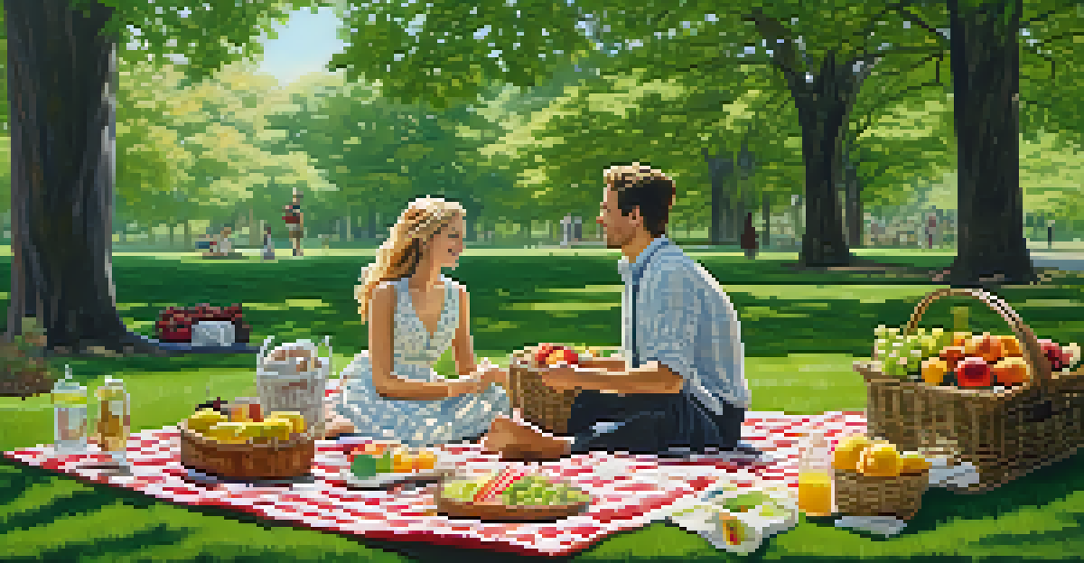 A picnic in a park with a blanket, food basket, and a couple enjoying nature.
