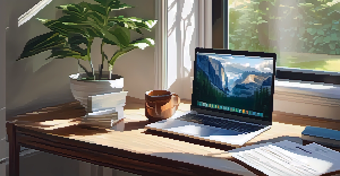 A peaceful home office with a desk, laptop, and sunlight filtering through the window, creating a calm atmosphere.