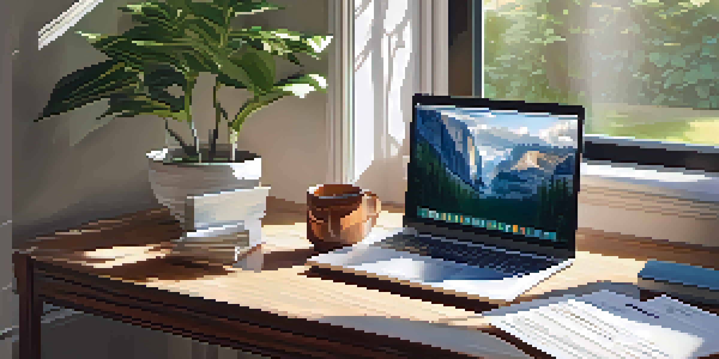 A peaceful home office with a desk, laptop, and sunlight filtering through the window, creating a calm atmosphere.