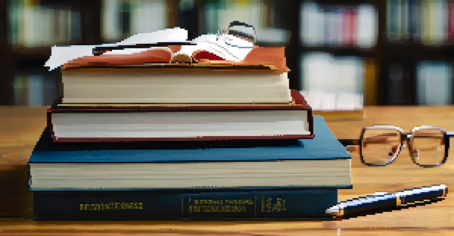 A collection of retirement planning books with glasses and a notepad, symbolizing financial literacy.