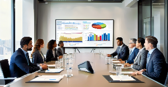 A diverse group of business professionals in a meeting room, discussing financial strategies with a presentation on the screen.