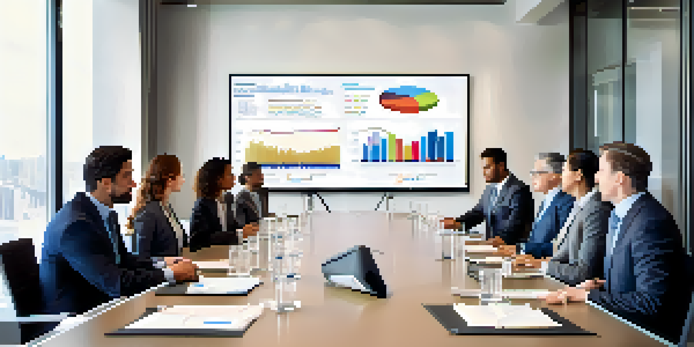 A diverse group of business professionals in a meeting room, discussing financial strategies with a presentation on the screen.