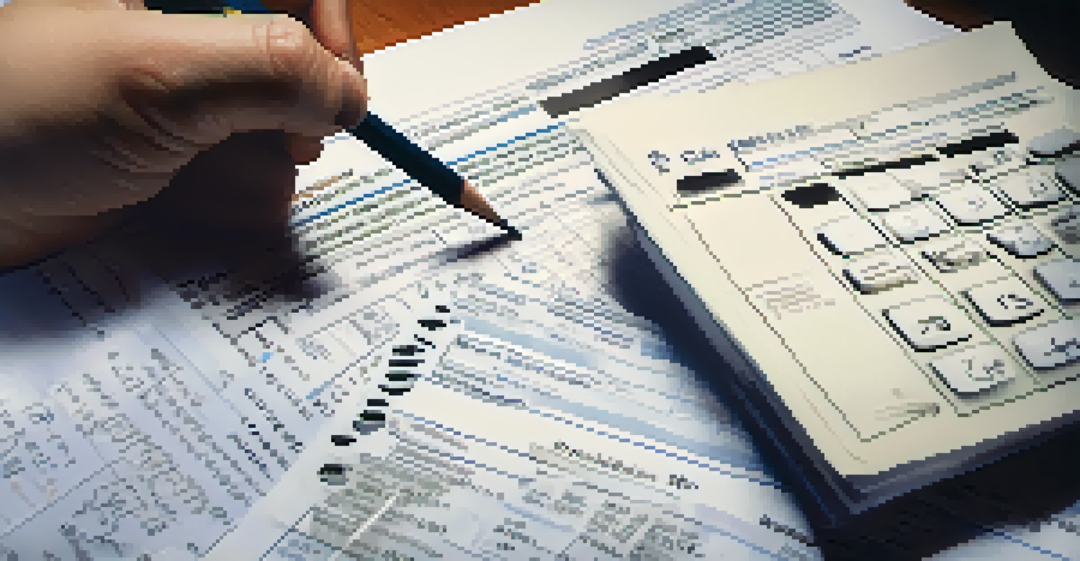 A person examining a tax return form with a pencil, calculator, and notes on a table.