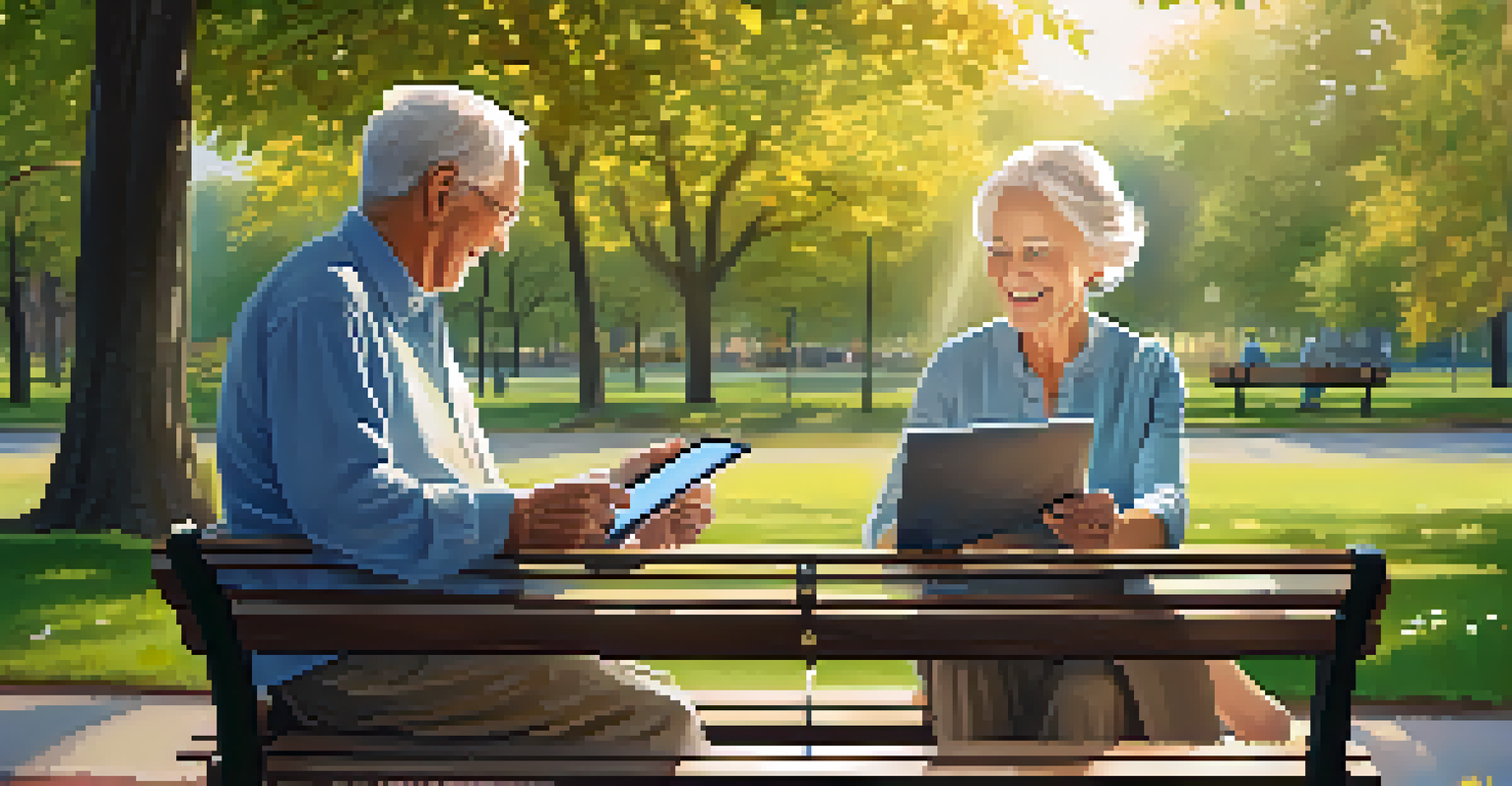 An elderly couple on a park bench, happily looking at a tablet, surrounded by a serene park setting with sunlight filtering through trees.
