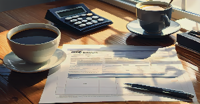 A tax document on a wooden desk with a calculator and coffee, illuminated by natural light.