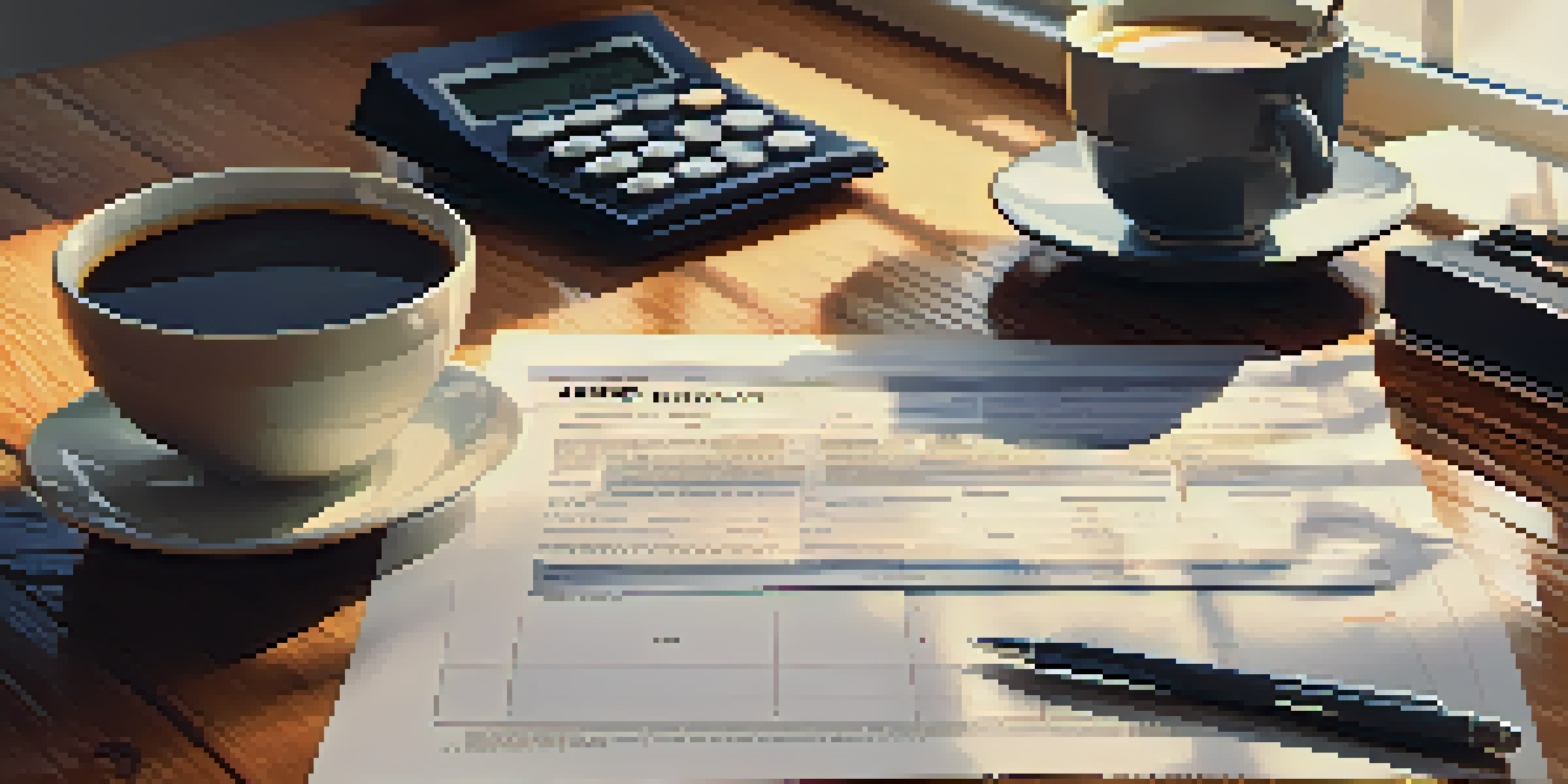 A tax document on a wooden desk with a calculator and coffee, illuminated by natural light.