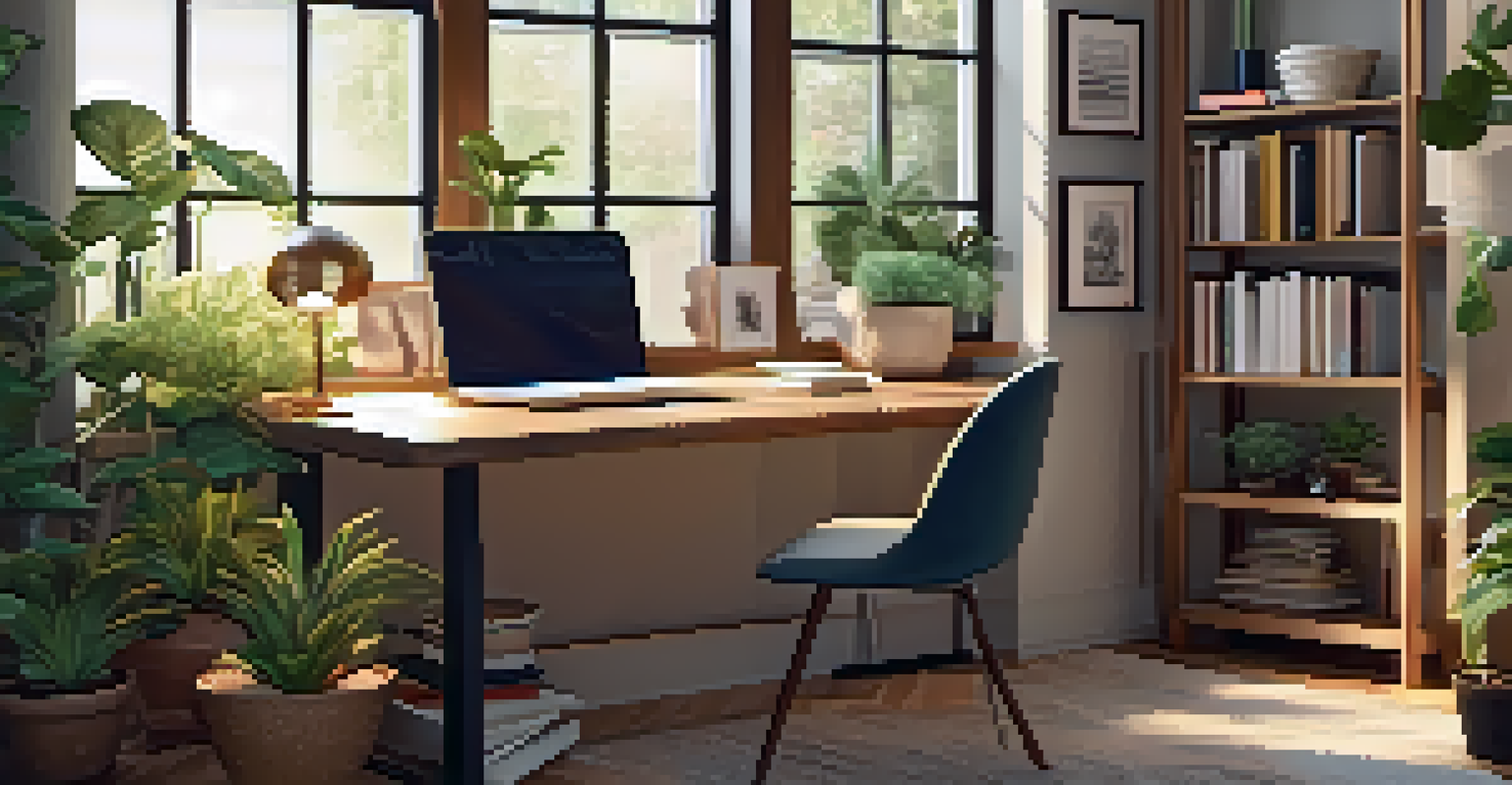 A stylish home office with a modern desk, laptop, plants, and warm lighting creating a cozy atmosphere.