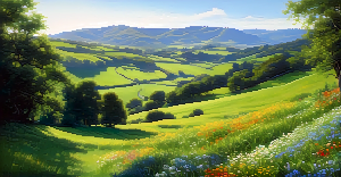 A peaceful green valley with a flowing stream and colorful wildflowers under a bright blue sky.